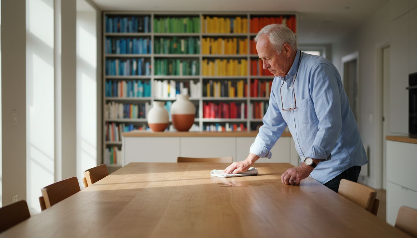En man sitter vid ett stilrent ekbord i ett smakfullt inrett kök.