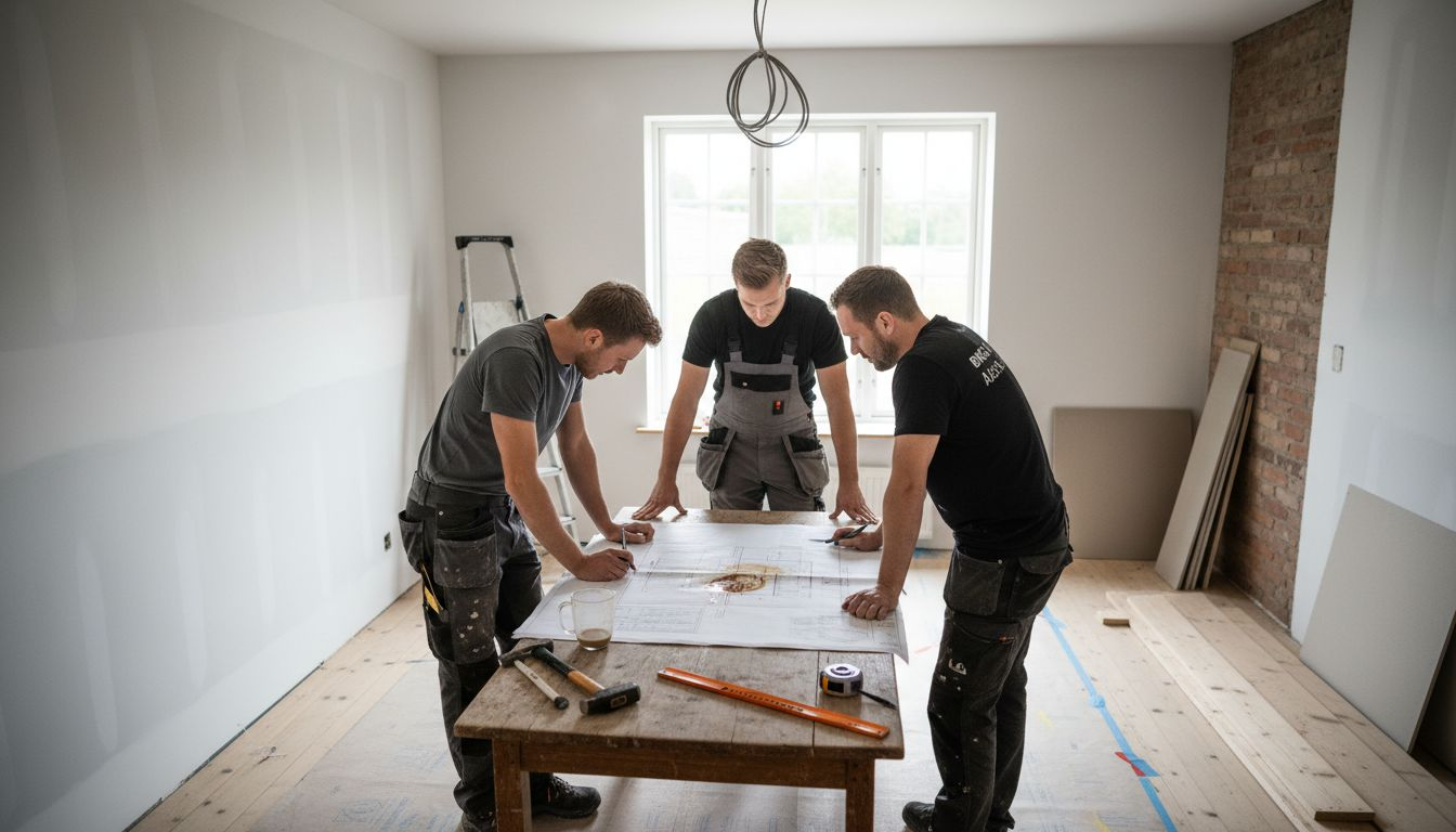 Ett team går igenom renoveringsplanerna för ett exklusivt hem.