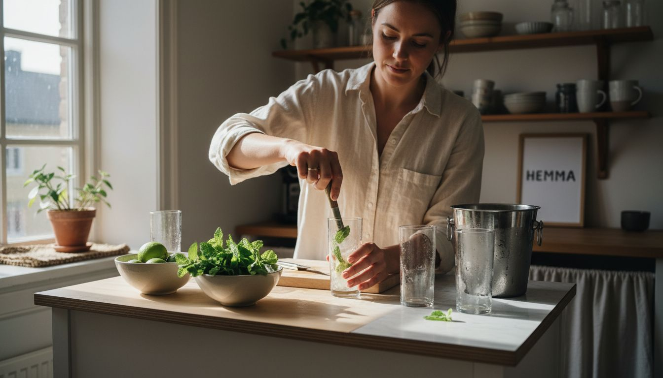 Kvinna som blandar alkoholfria drinkar vid sin hemmabar