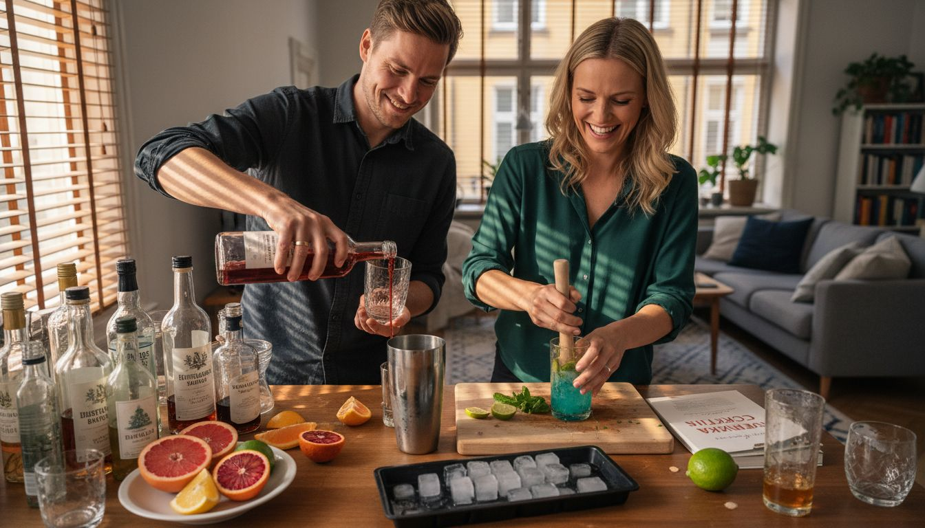 Ett par står tillsammans i det mysiga hemmaköket och blandar färgglada drinkar inför kvällen.