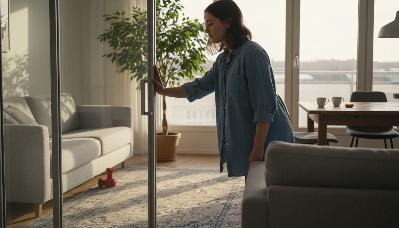 En kvinna skjuter igen en glasvägg inomhus.