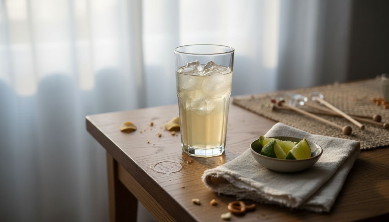 Ett longdrinkglas serverat med en servett och en limeklyfta.