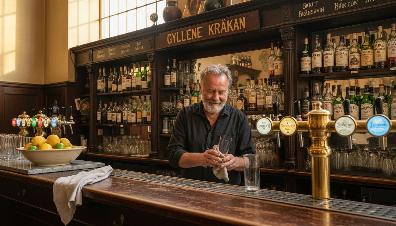 En bartender putsar glas bakom bardisken i en anrik bar.