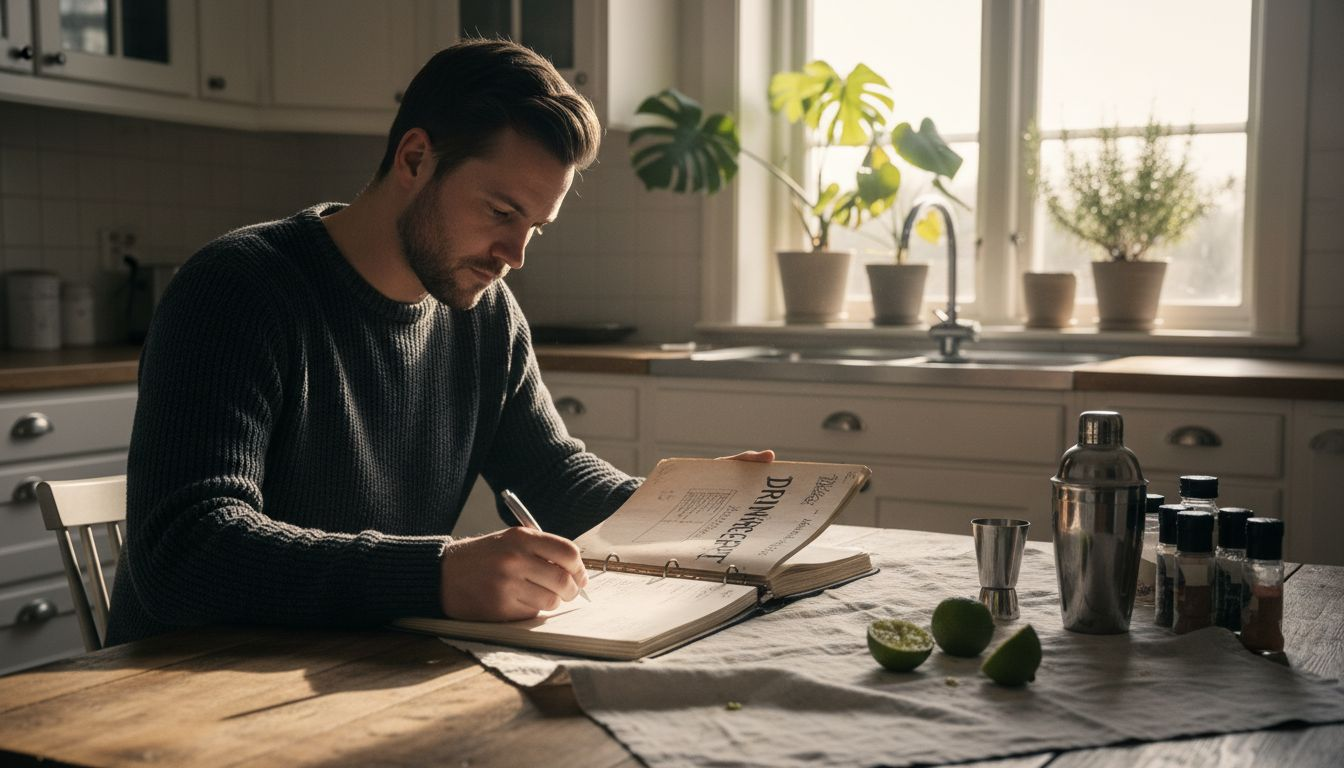 Sitter vid köksbordet och samlar ihop olika drinkrecept