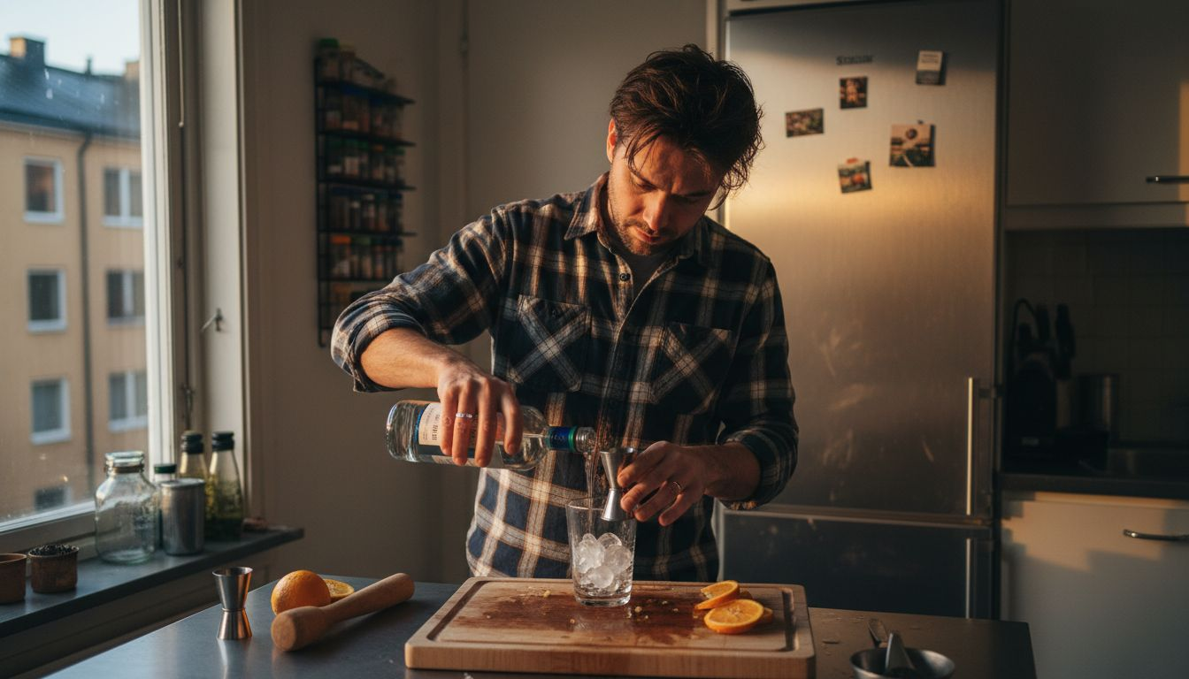 En man står vid köksön hemma och blandar drinkar.