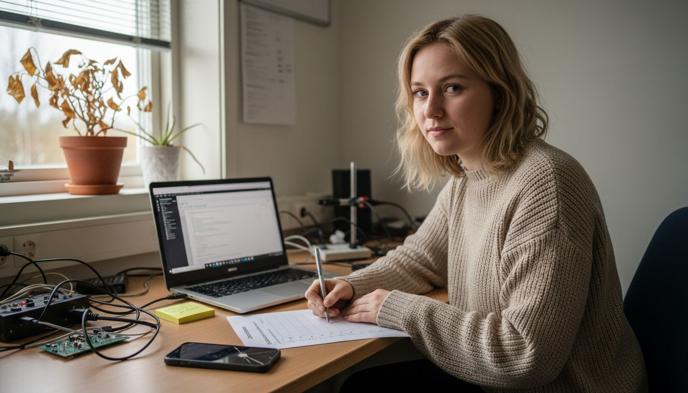En kvinna går igenom en checklista för prestandaverktyg på jobbet.