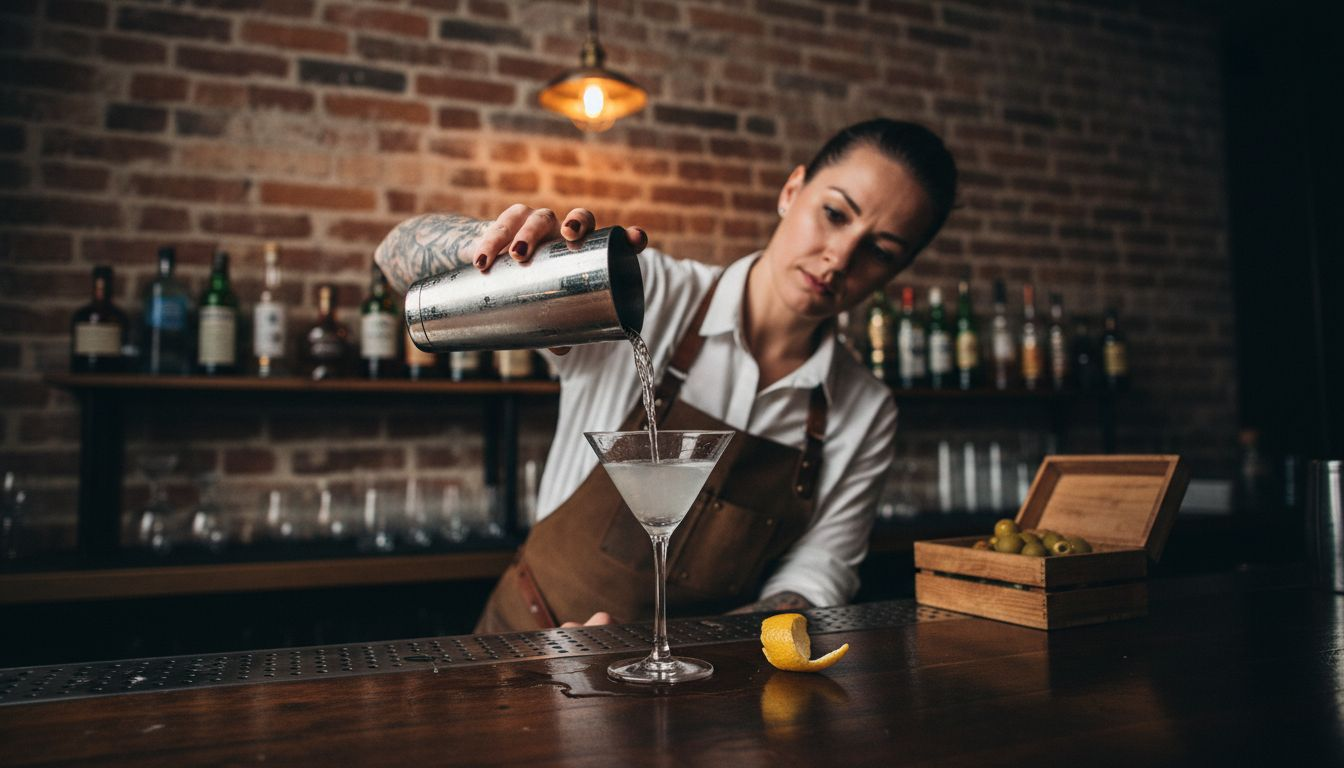 Bartendern fyller ett klassiskt martiniglas med en perfekt blandad cocktail.