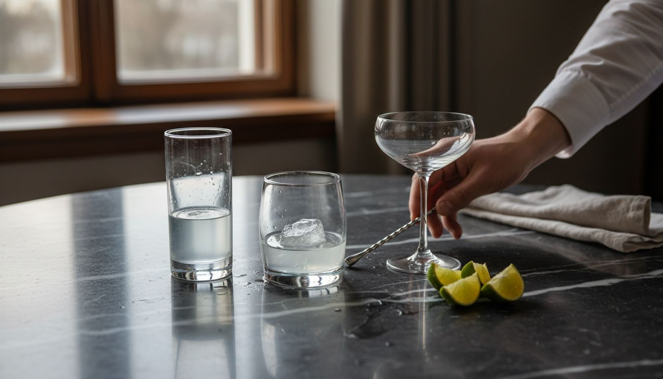 Färgglada cocktailglas pryder marmorbordet, redo för en festlig kväll.
