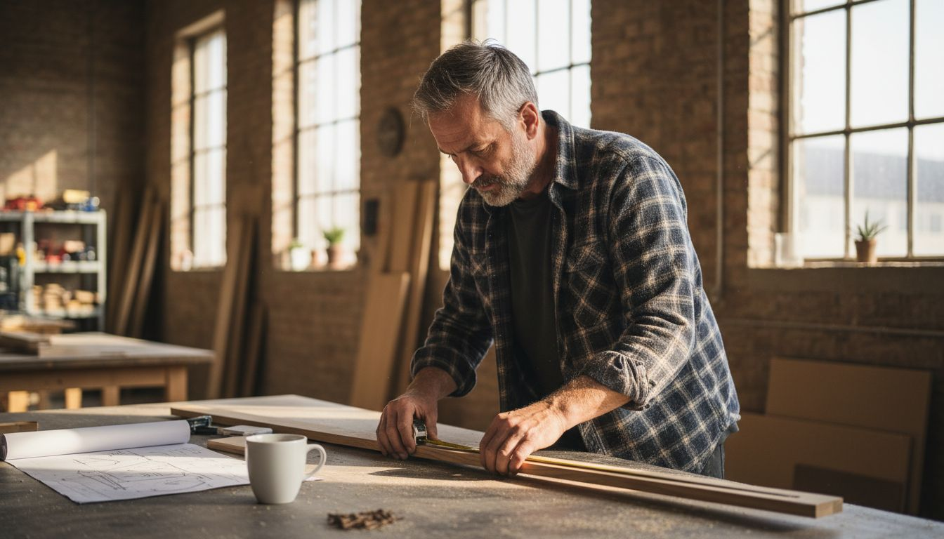 En snickare granskar en trädetalj i verkstaden.