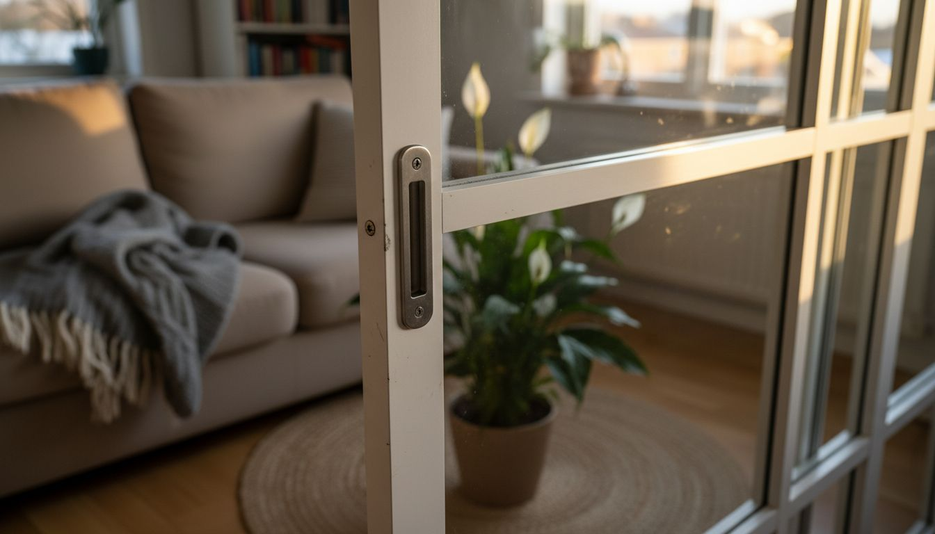 Detaljbild på beslag till skjutdörr i vardagsrummet