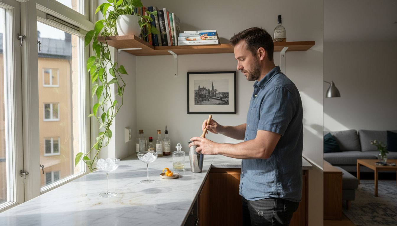 En man står vid sin hemmabar och blandar en klassisk drink.