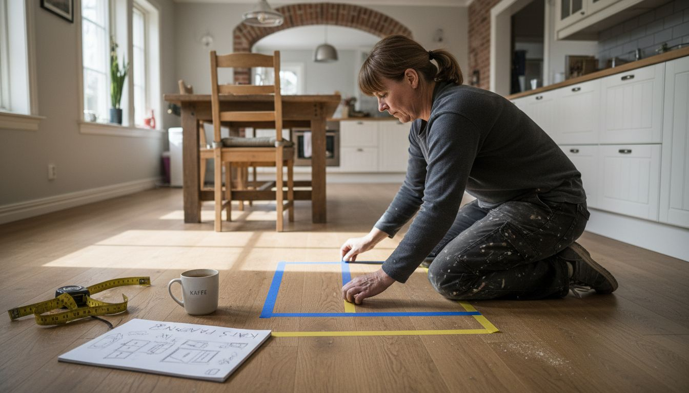 Någon tejpar upp konturerna för en köksö på golvet för att få en känsla av hur det kommer se ut.