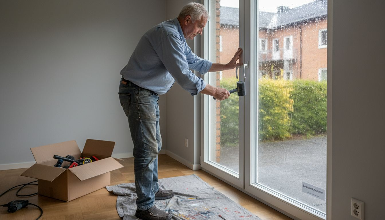 En erfaren hantverkare byter ut fönsterrutorna i ett vanligt vardagsrum mot energiglas för att förbättra isoleringen och minska energiförbrukningen.