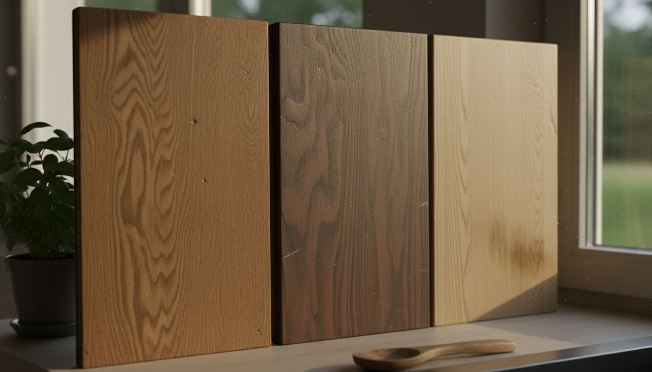 Närbild på köksskåp i tre olika träslag