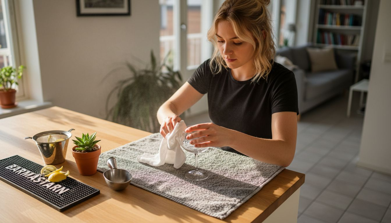 En kvinna putsar cocktailglasen inför att hon ska blanda drinkar.