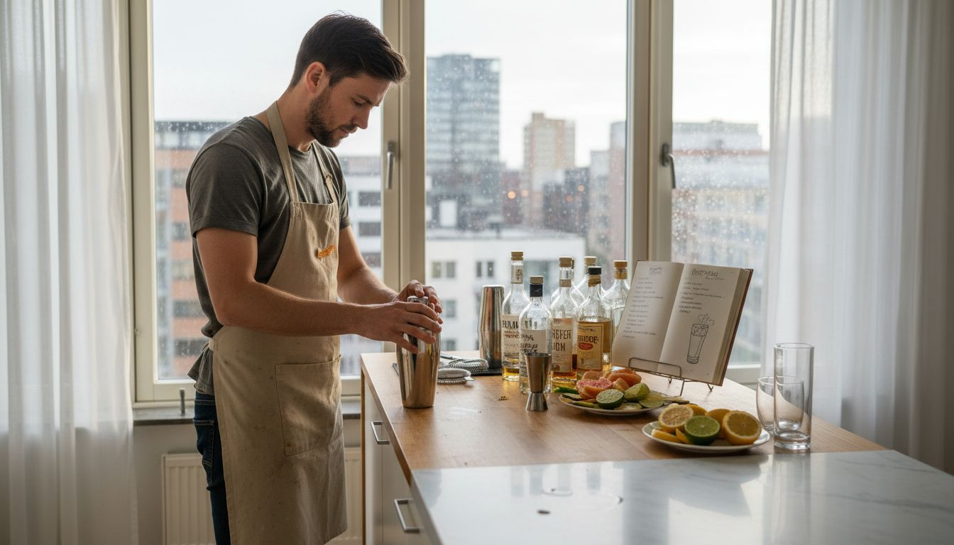 Man plockar fram bartendertillbehör och gör sig redo för att blanda egna drinkar hemma.