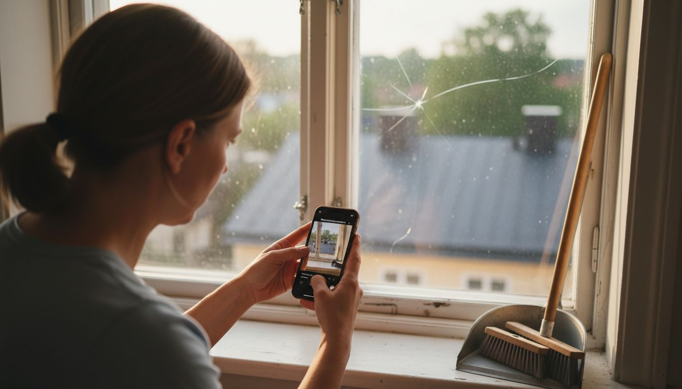 Kvinna fotograferar en spricka i fönsterglaset för att dokumentera skadan.