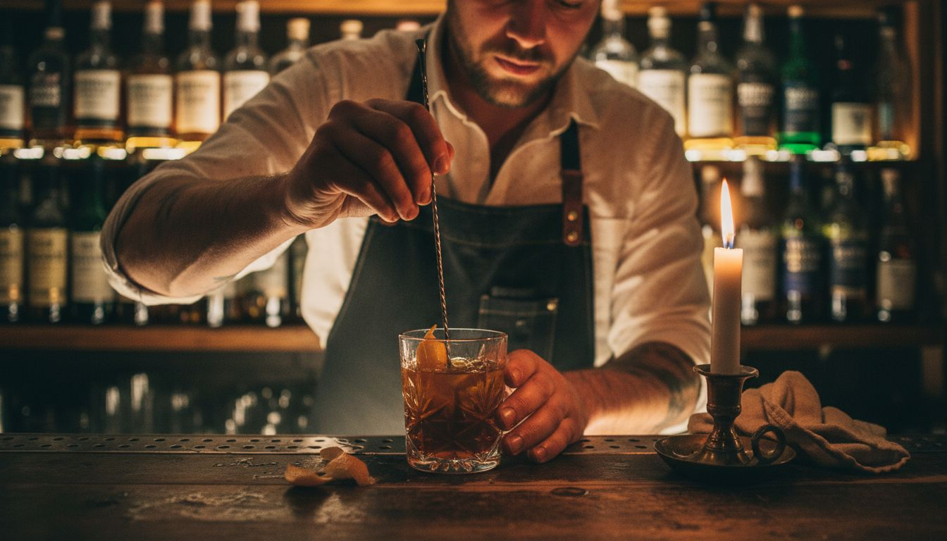 En bartender står och blandar en klassisk Rusty Nail.