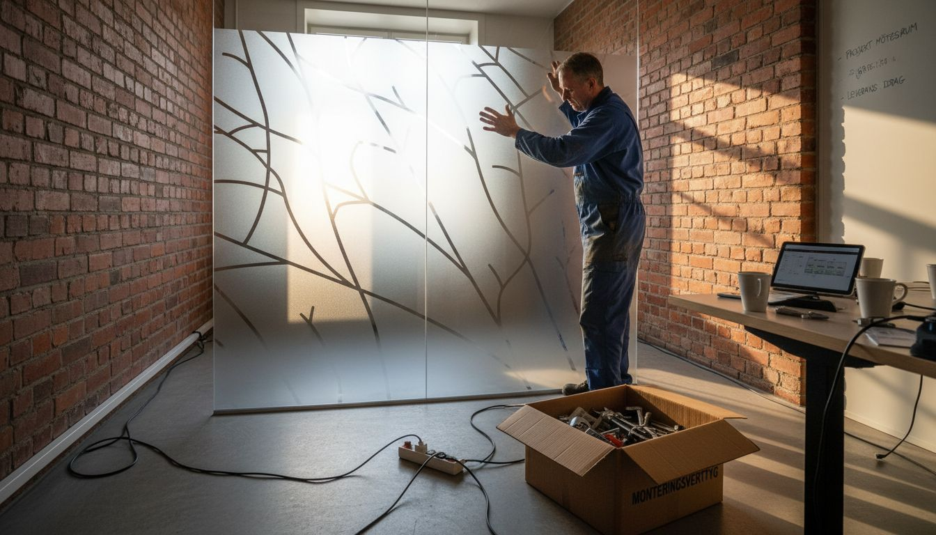 En montör justerar en frostad glasavskiljare i ett litet kontor.