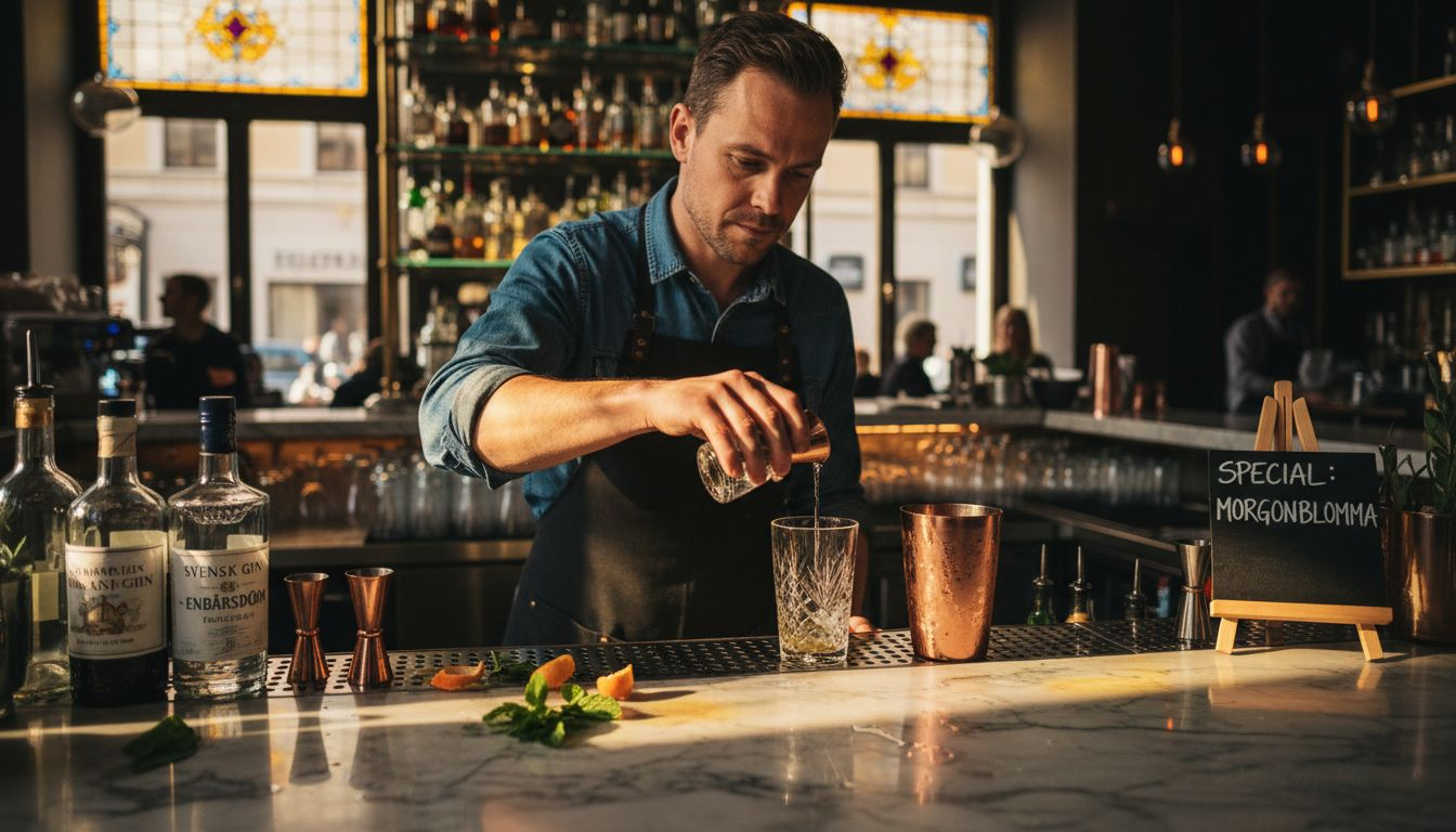 En bartender blandar en välgjord drink bakom baren.