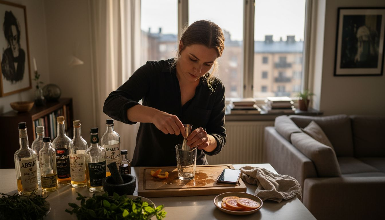 Kvinna står i köket och mäter upp ingredienser till en cocktail.