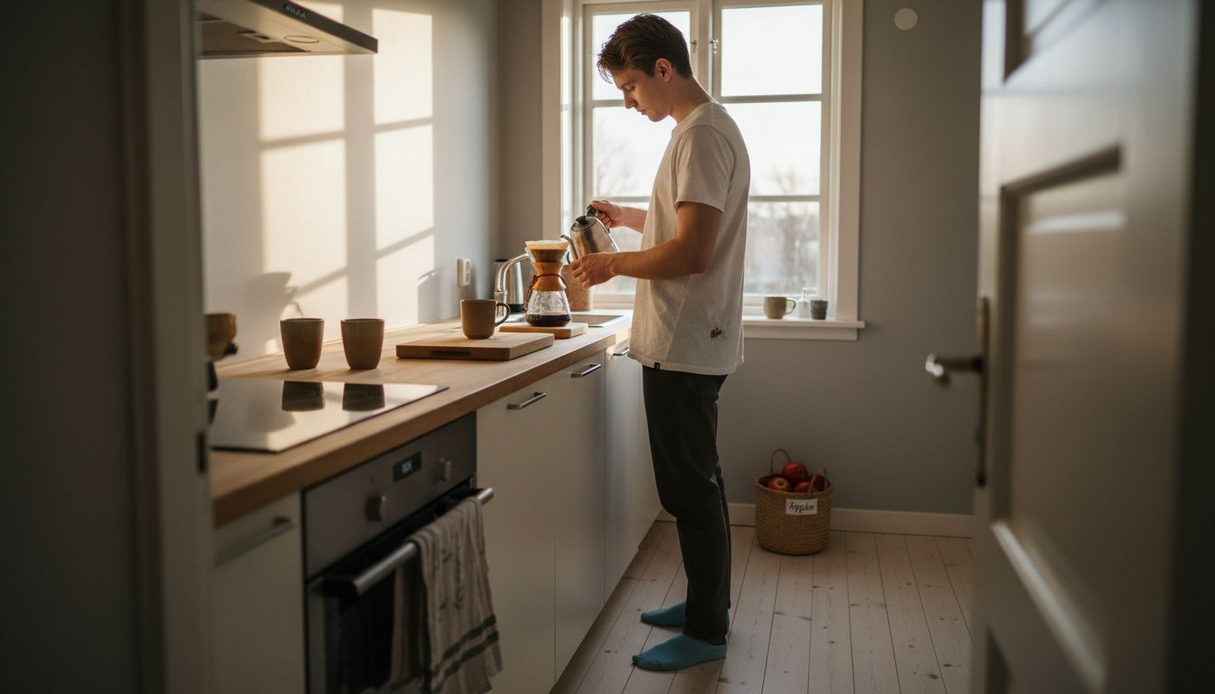 En man står och brygger kaffe i ett ljust, skandinaviskt kök.