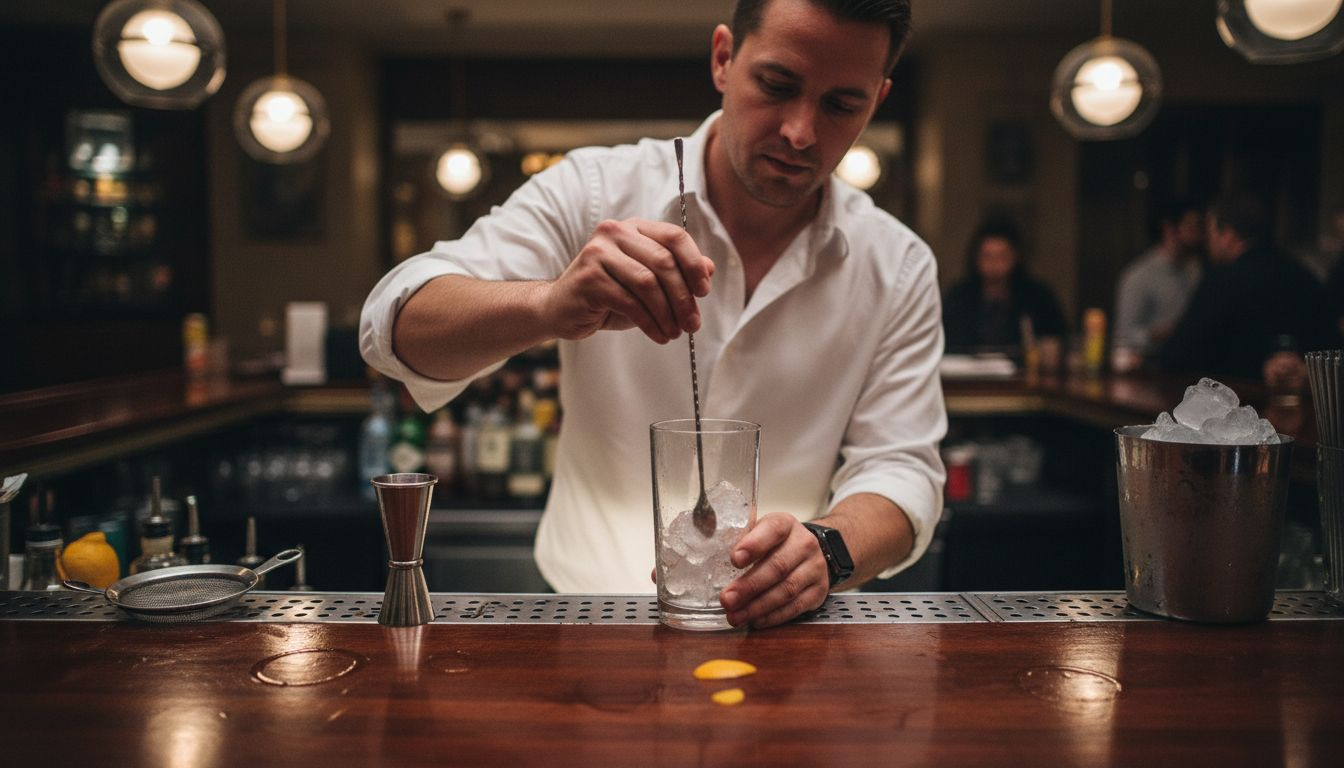 En bartender rör om drinken med en lång barsked.