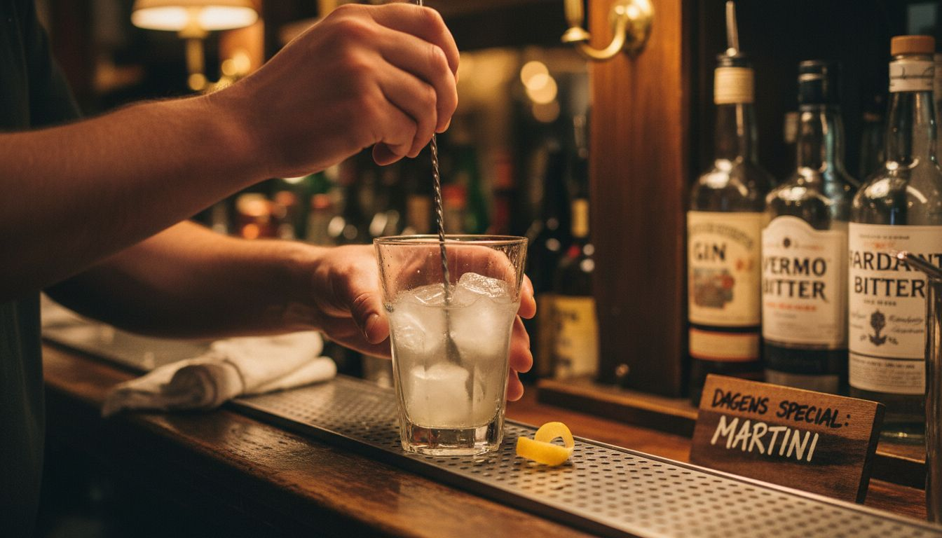 En hand rör om drinken i ett martiniglas vid baren.