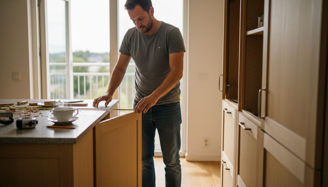 Man går igenom kökets snickeriarbeten för att kolla att allt håller hög standard.