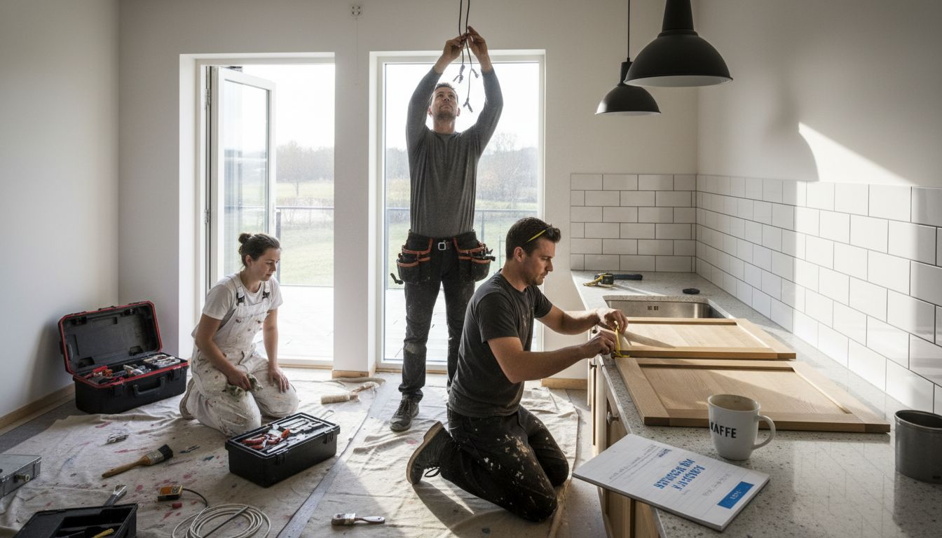 Tre hantverkare samarbetar i köket med att renovera.