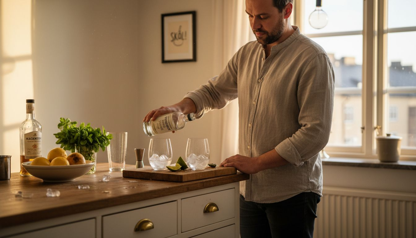 Någon står vid köksön hemma och blandar klassiska cocktails