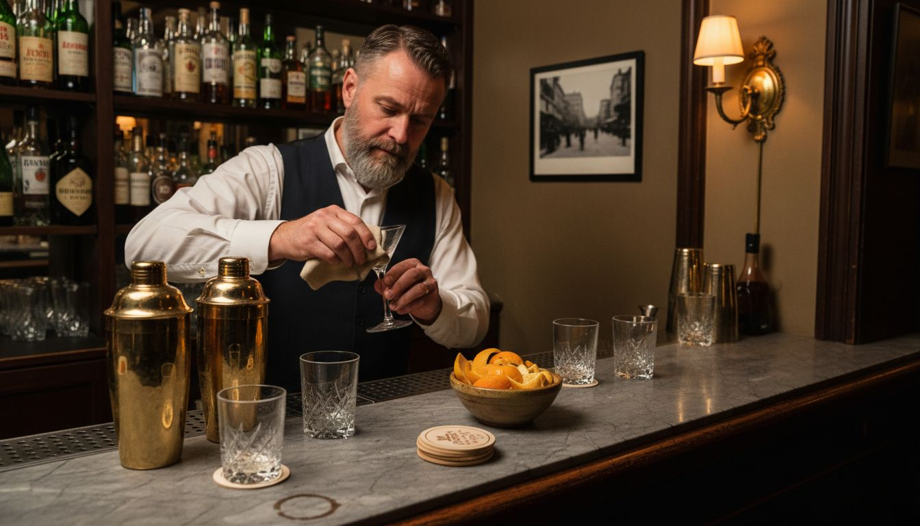En bartender på en klassisk cocktailbar står och blandar drinkar.