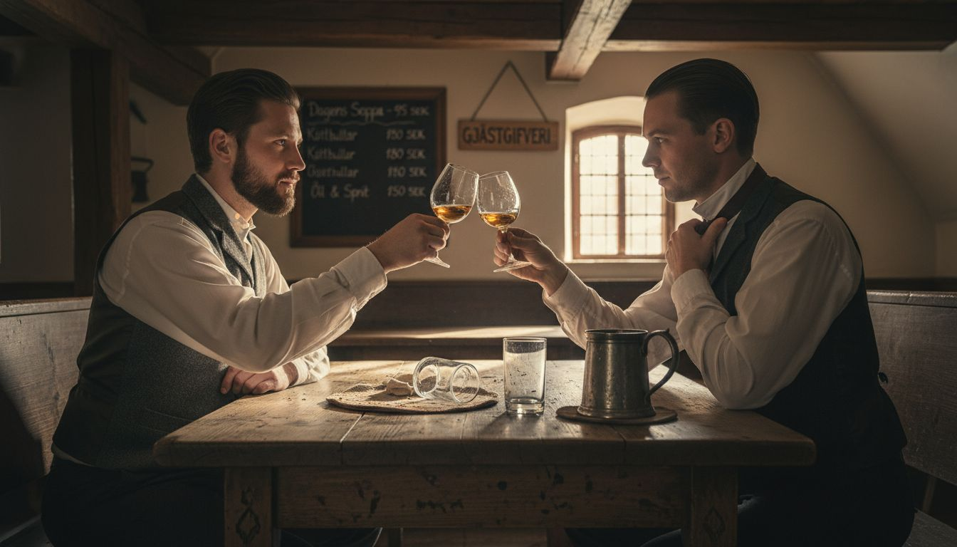 Glada gäster umgås över ett glas i en gammaldags krogmiljö.
