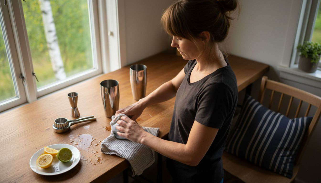 En kvinna fixar med barprylarna i sin ljusa hemmabar.