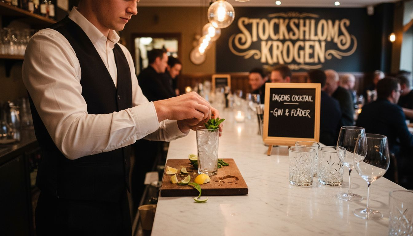 En bartender står vid den marmorklädda bardisken och sätter sista touchen på en cocktail.