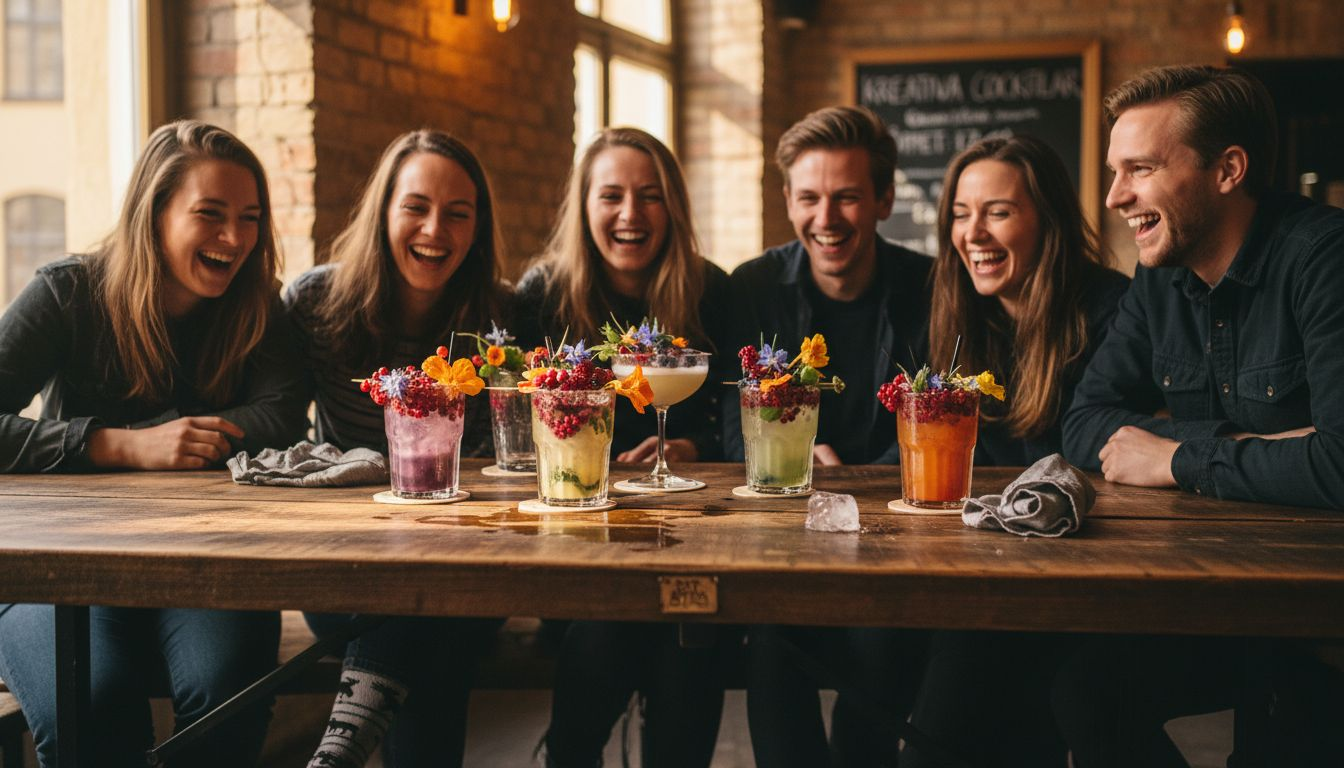 Gäster som imponerat beundrar de fantasifulla dekorationerna på drinkarna.