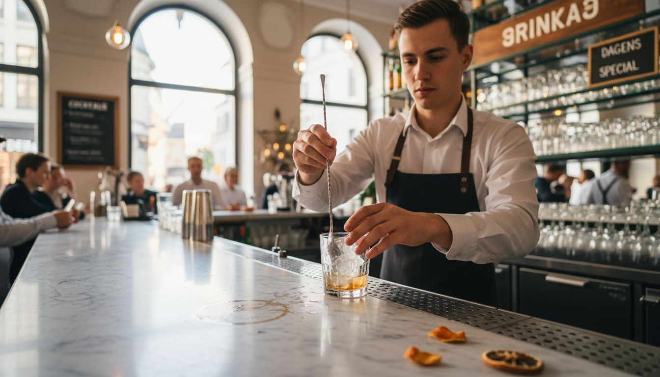 Bartendern fixar en riktigt snygg drink med stora isbitar.