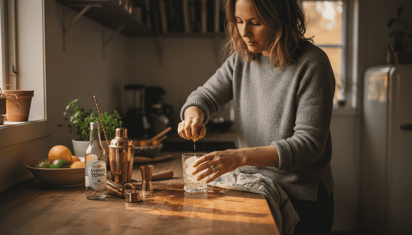 Woman making homemade cocktail at kitchen island