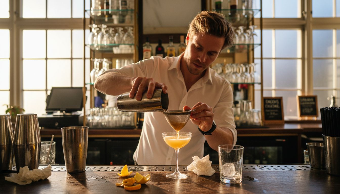 En bartender silar upp en drink bakom baren.