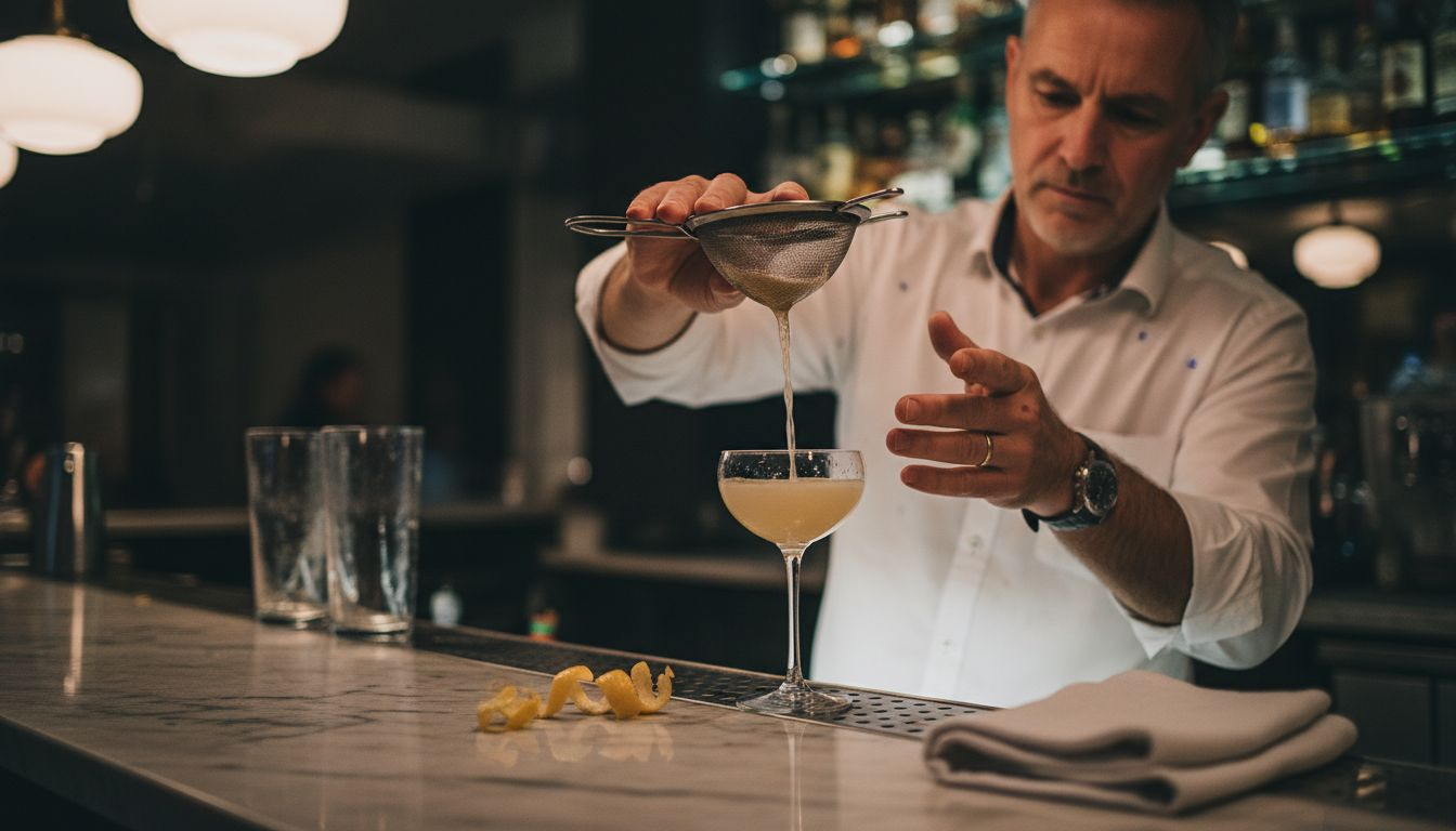 En bartender häller upp en cocktail och silar den genom en finmaskig sil.
