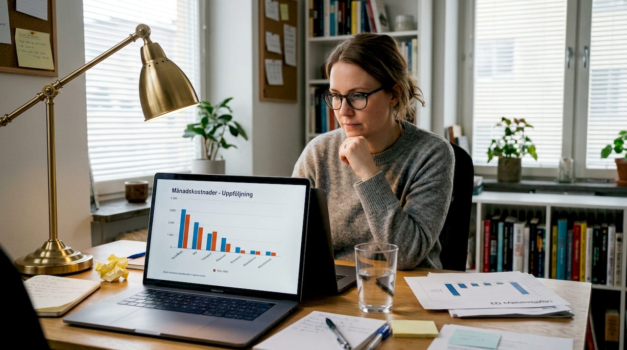 Kvinna går igenom leasingkostnader hemma vid sitt skrivbord