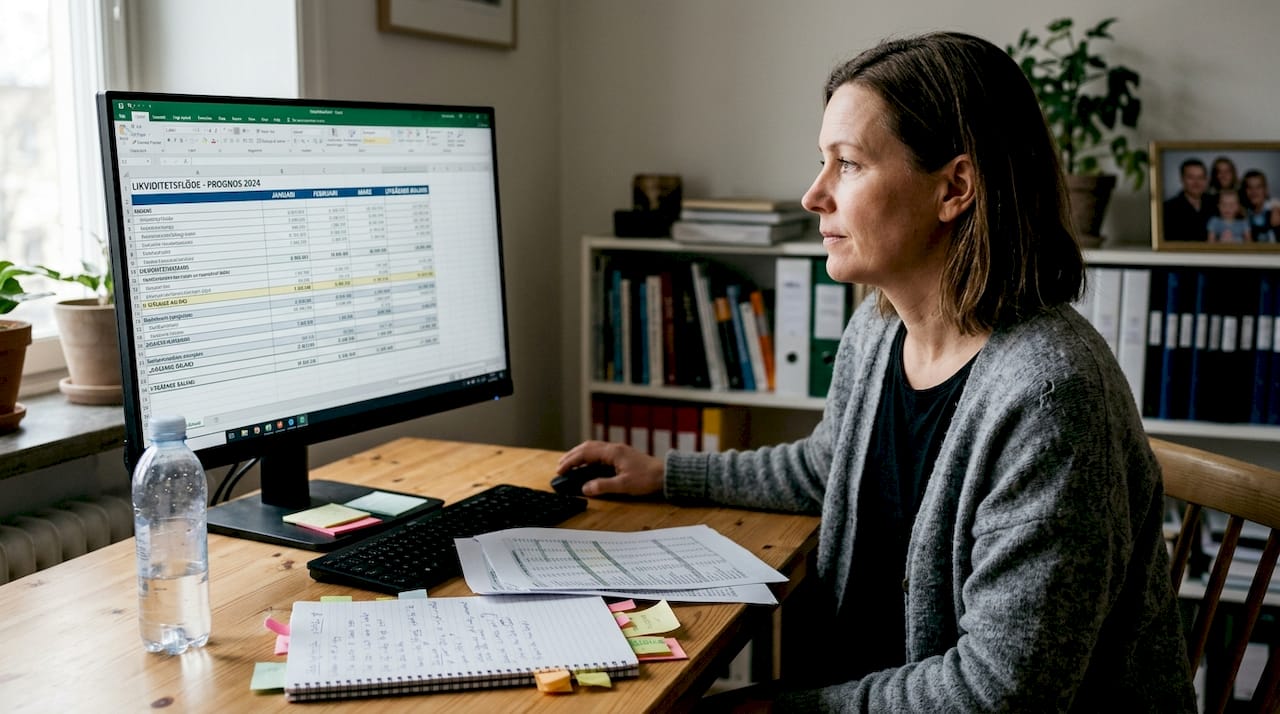 Företagets ekonomichef går igenom bolagets kassaflöde och ser över likviditeten.