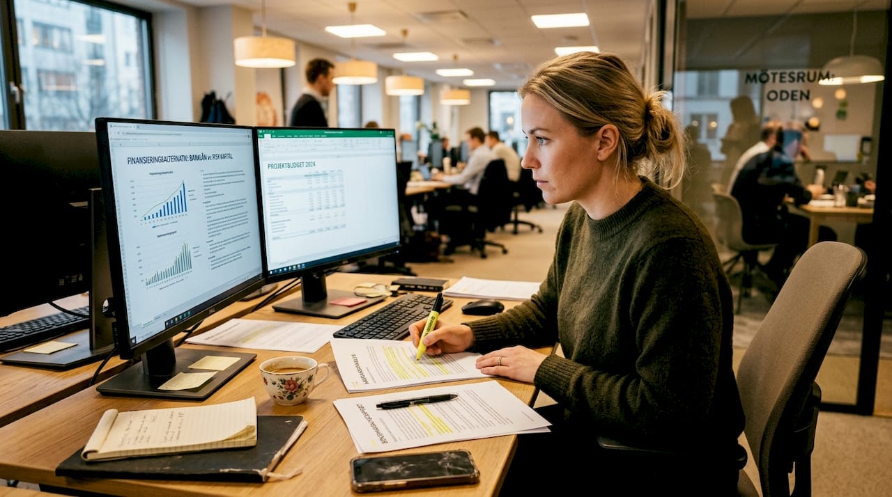 En ekonom undersöker olika finansieringslösningar på arbetsplatsen.
