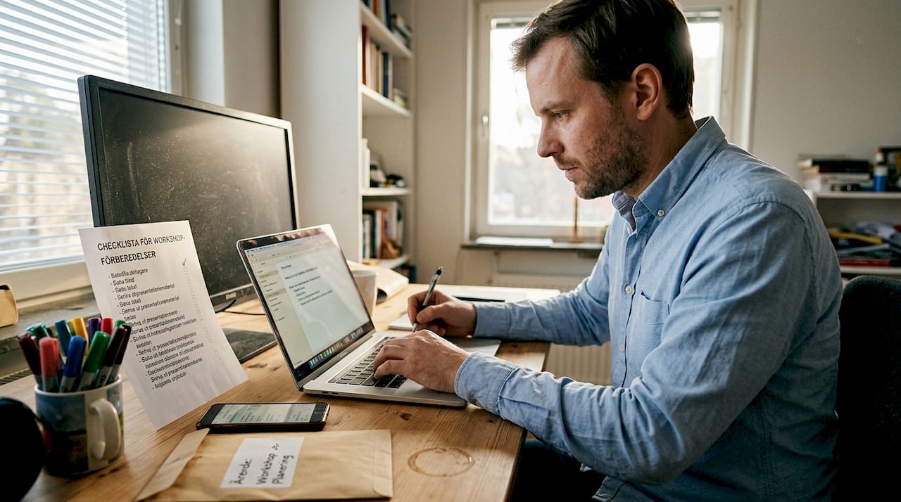 En workshopledare sitter vid sitt skrivbord och förbereder material inför kommande workshop.