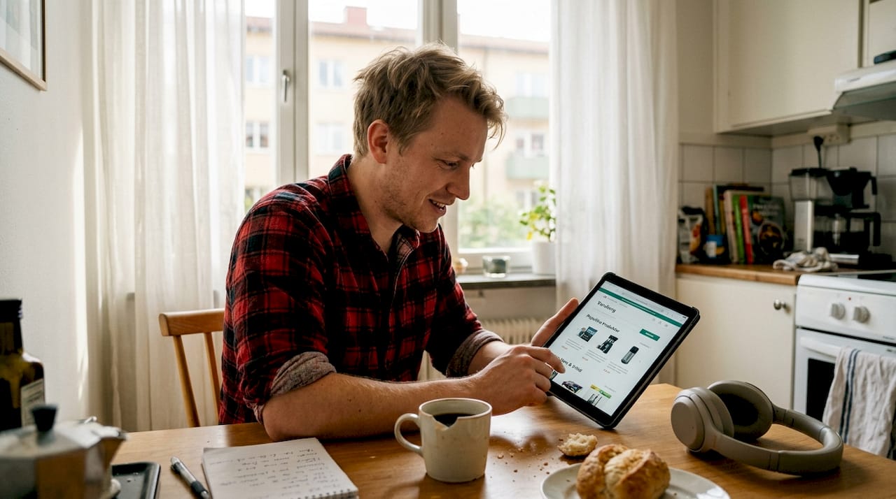 Man sitter vid köksbordet och surfar på en tillgänglig hemsida