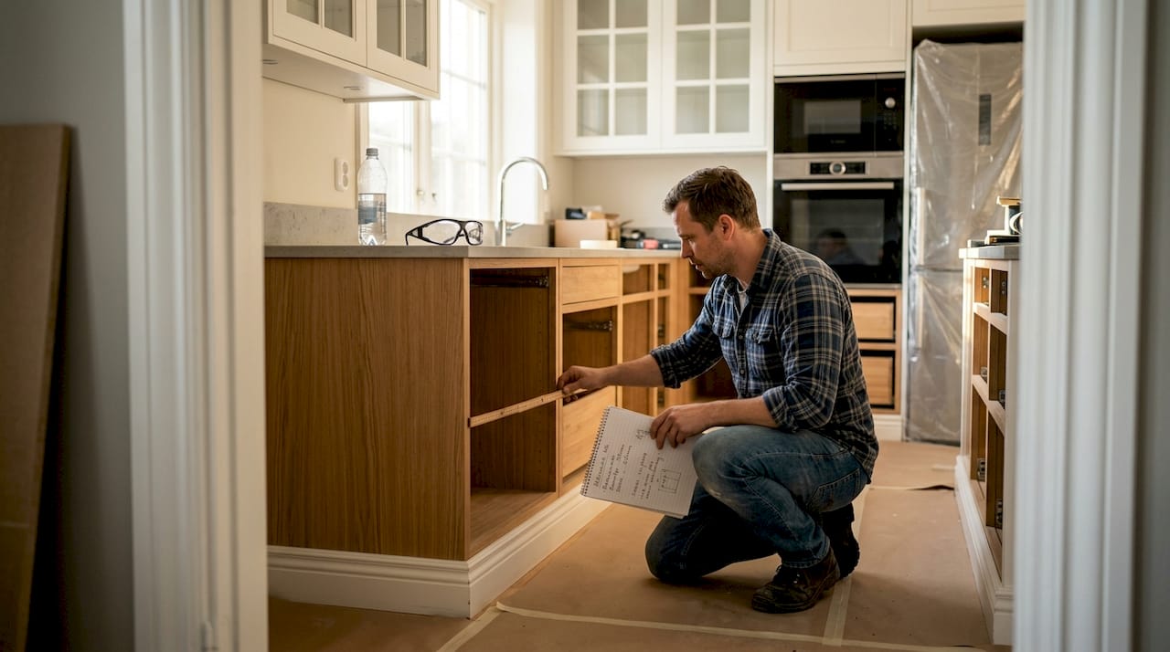 Just nu pågår renovering av ett exklusivt kök där hantverkare är i full gång med arbetet.