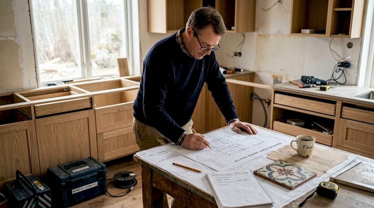 En man funderar över hur köket ska bli och går igenom ritningarna inför sin kommande renovering.