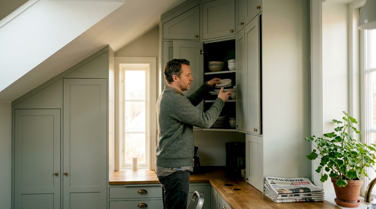 Charmigt kök med specialbyggda skåp och mysigt snedtak.