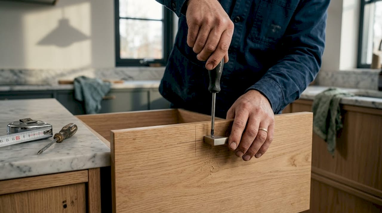 En hantverkare monterar ett handtag på ett köksskåp.