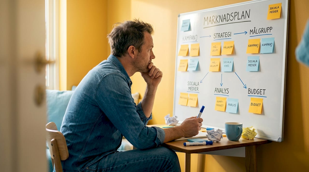 Strategiarbetet tar form vid skrivbordet och framför whiteboarden.